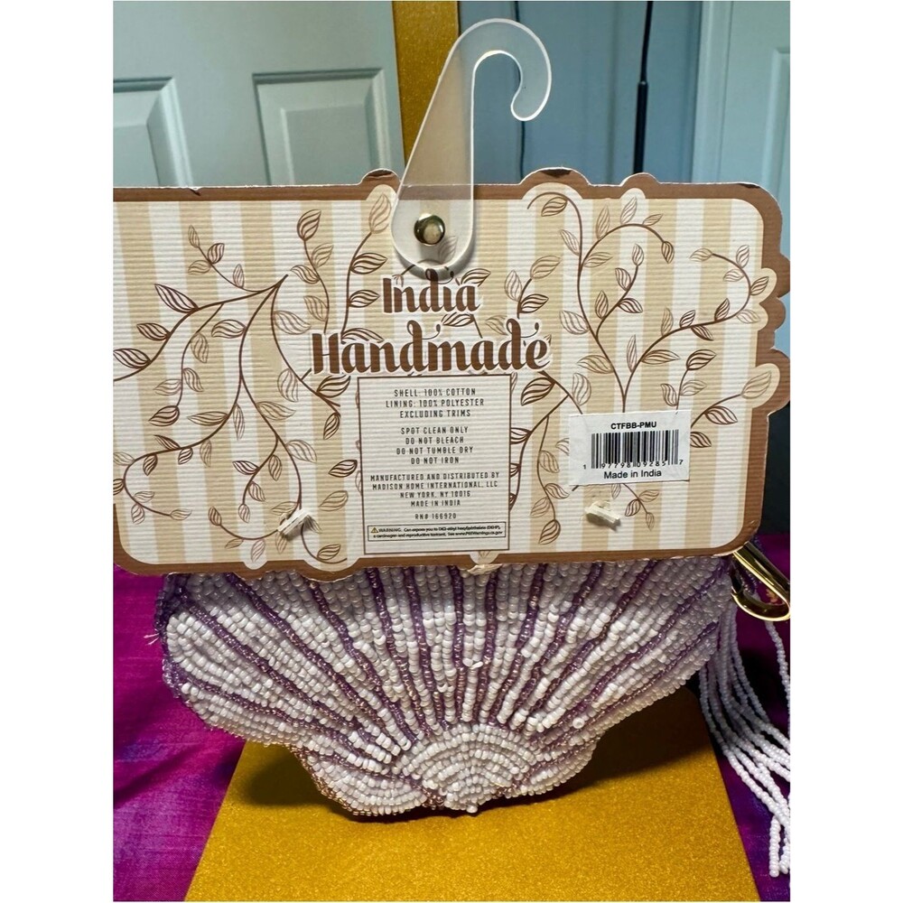 NWT India Handmade Beaded Seashell Coin Pouch Tassel Purple - Picture 2 of 3